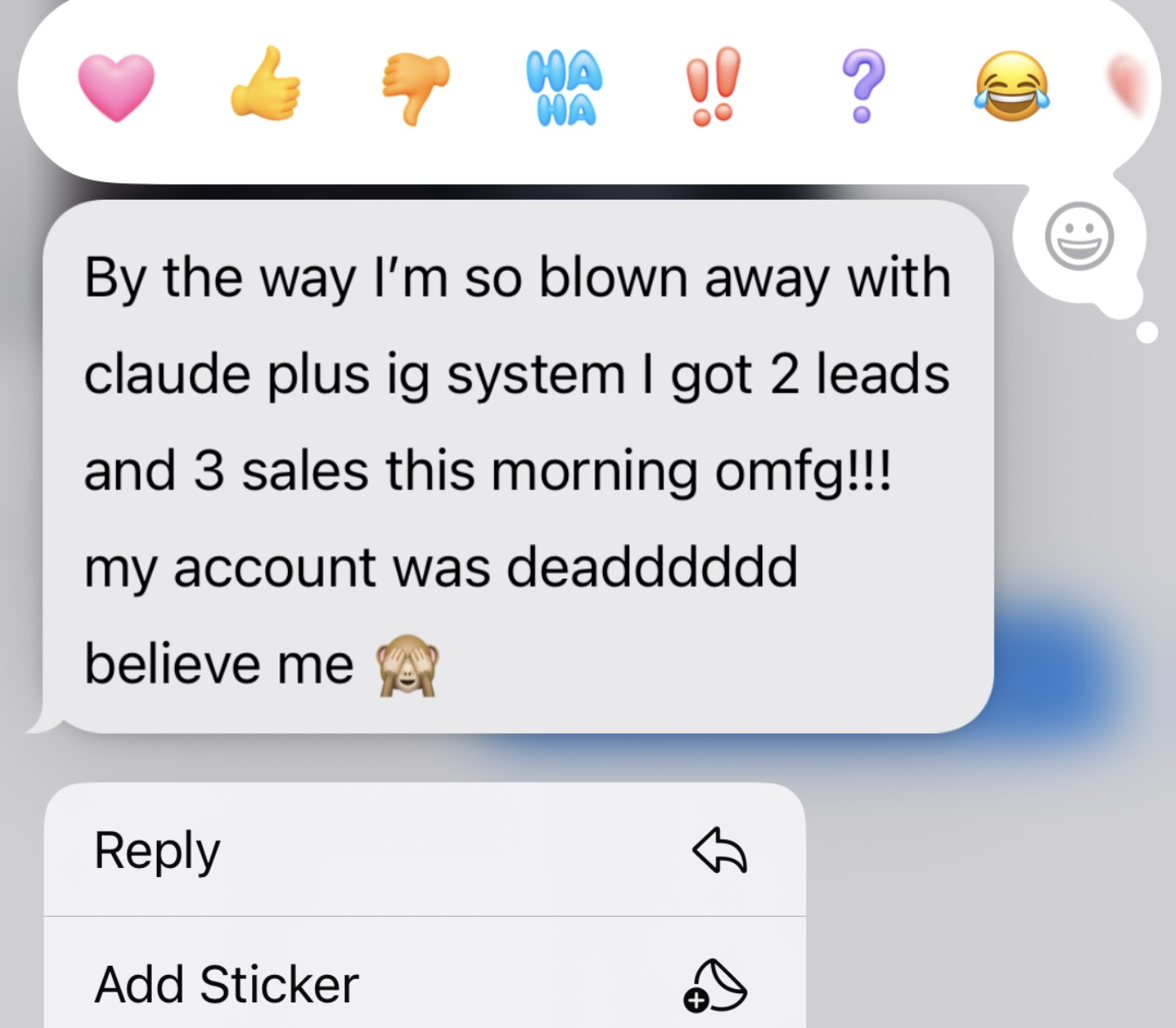 DM from Dan Johnson: 2 leads and 3 sales this morning with the Claude plus IG system