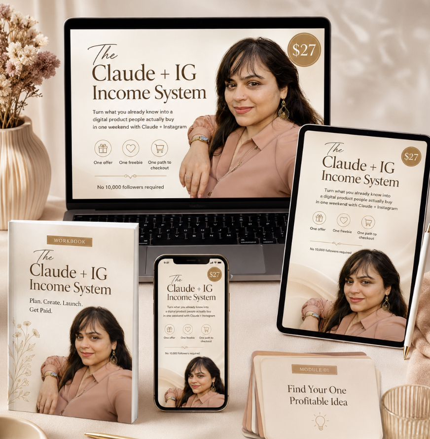 The Claude + IG Income System course dashboard on a laptop, a Reel on a phone, and printed worksheets